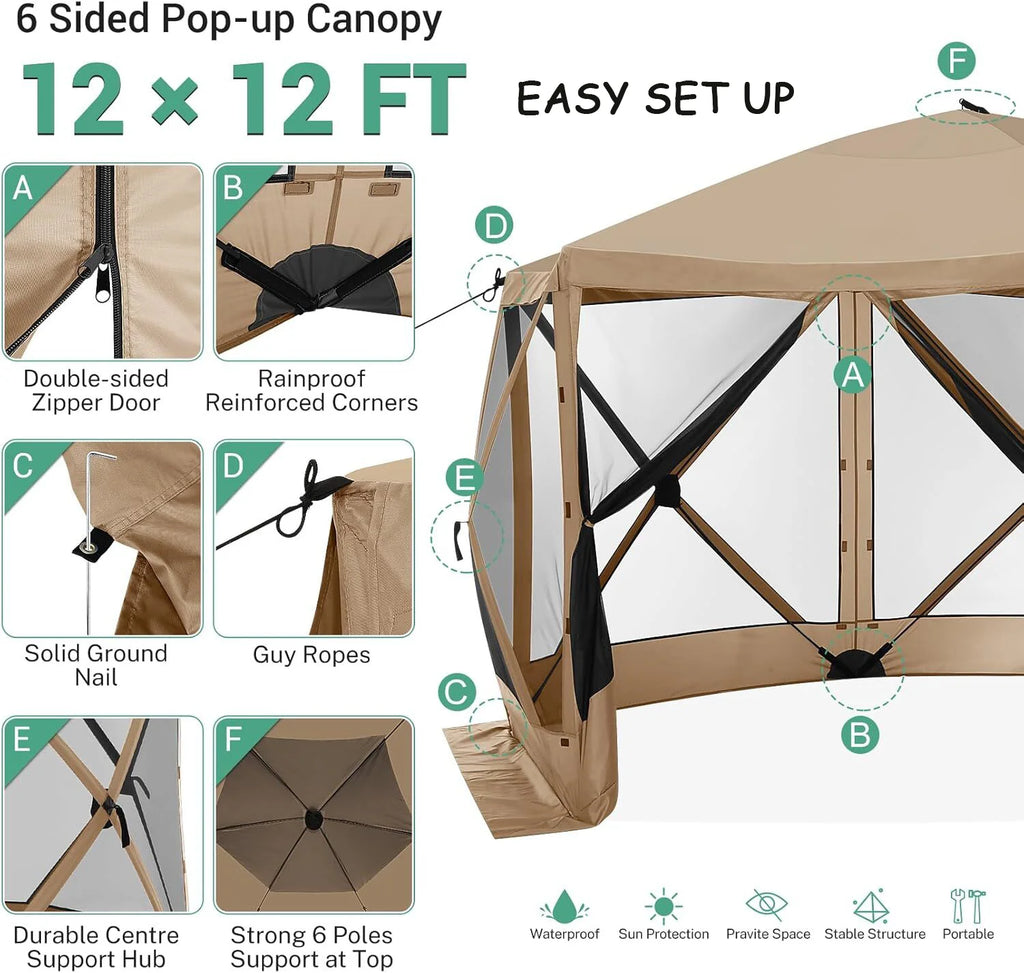 COBIZI 12x12 Pop Up Canopy Gazebo, Outdoor Canopy Tent Screen House with 5 sidewalls and Netting for Camping, Waterproof, UV Resistant, Ez Set-up Party Tent with Carrying Bag and Ground Stakes,Brown