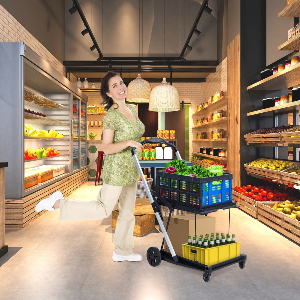 Garvee Foldable Shopping Cart for Groceries, 2-Tier Collapsible Utility Carts with Wheels & Removable Storage Crate, Aluminium & PP, Portable for Supermarket & Home Use