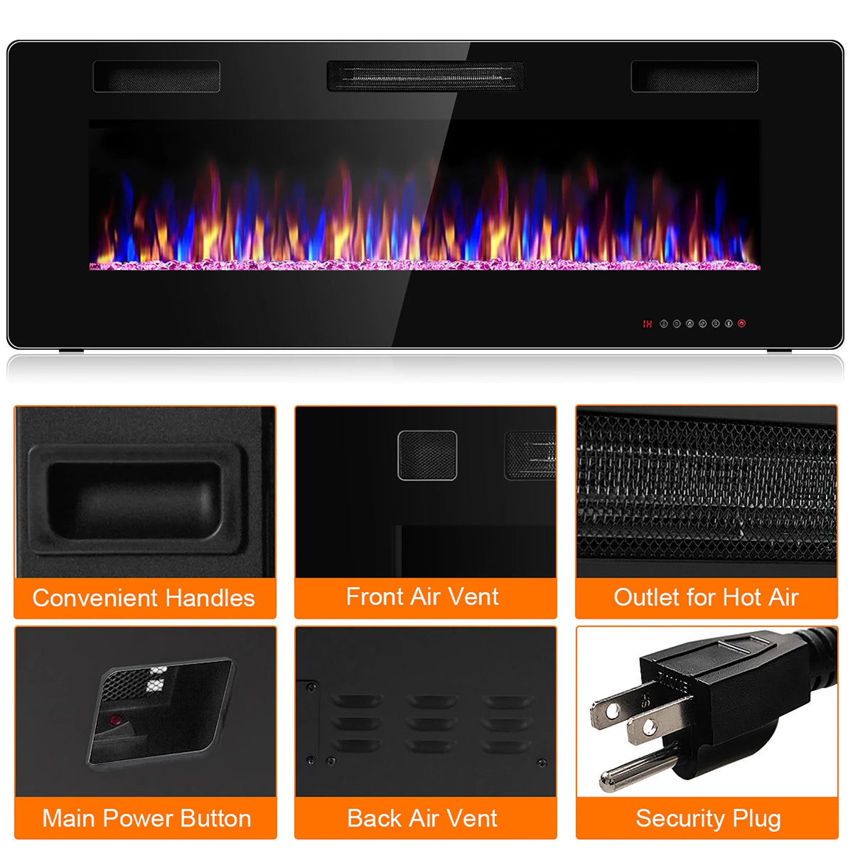 Costway 36'' Electric Fireplace Recessed Ultra Thin Wall-Mounted Heater w/Multicolor Flame