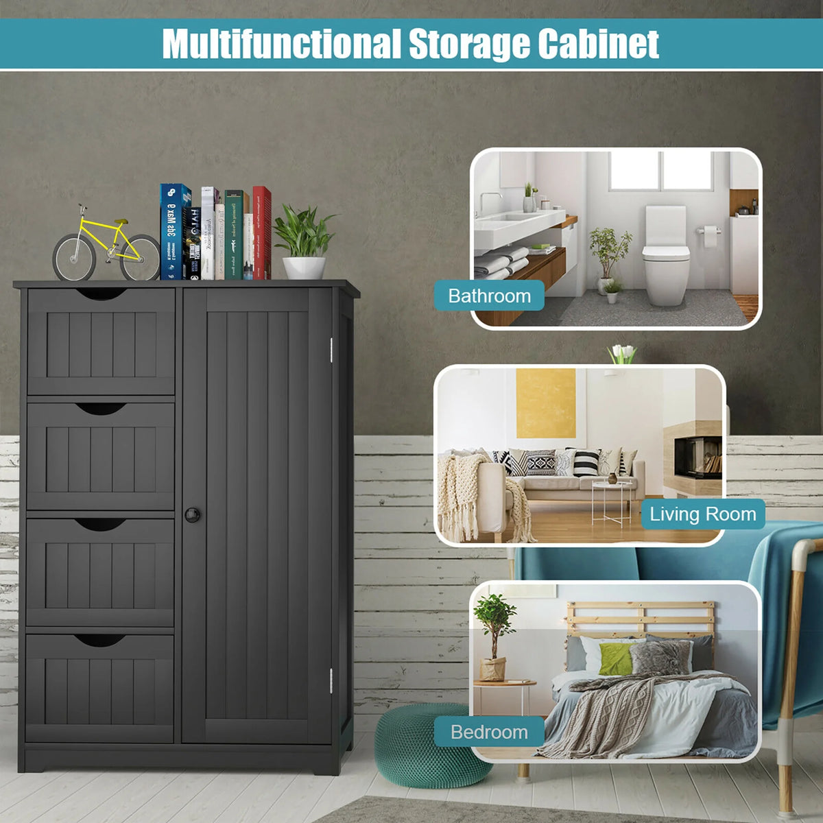 Bathroom Storage Wooden 4 Drawer Cabinet Cupboard 2 Shelves Free Standing White