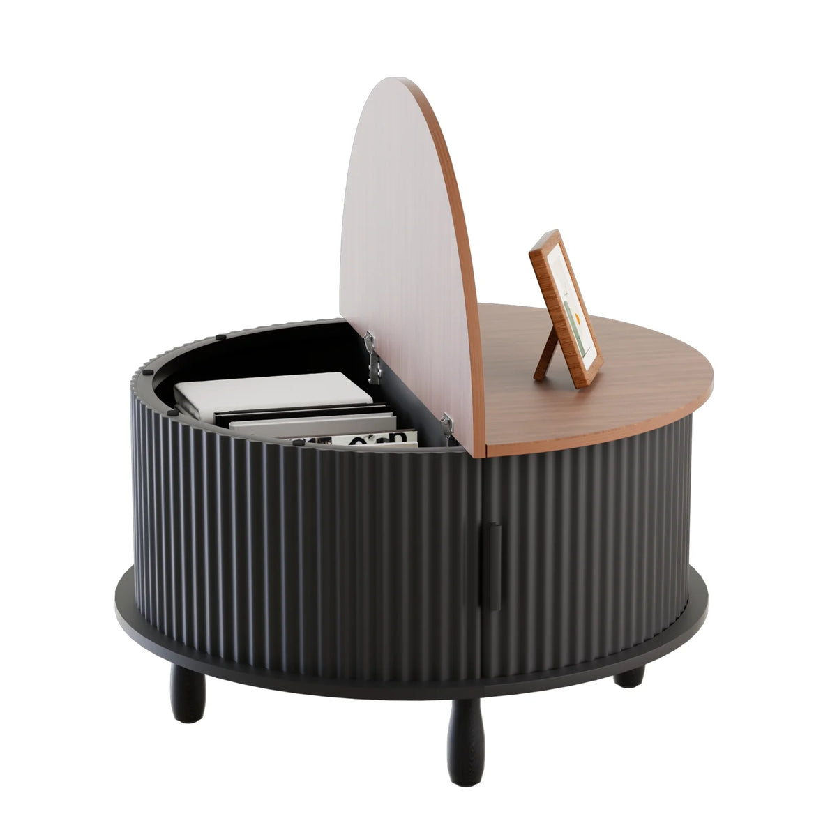 RUMLIVE Round Coffee Table with Storage, 30.7" Modern Coffee Table with 360 Curved Sliding Door, Fluted Wood Coffee Table with Footpads, Round Center Table for Living Room, Black