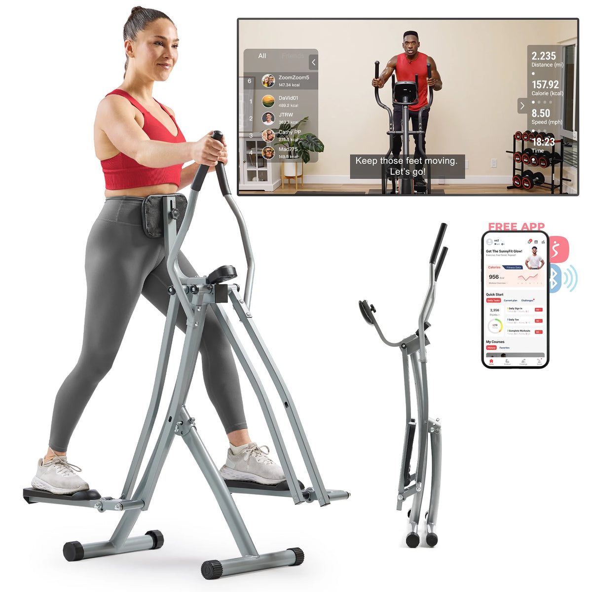 Sunny Health & Fitness Manual Air Walker Elliptical 30 Stride, Low Impact, Lightweight, Quiet with Free SunnyFit App