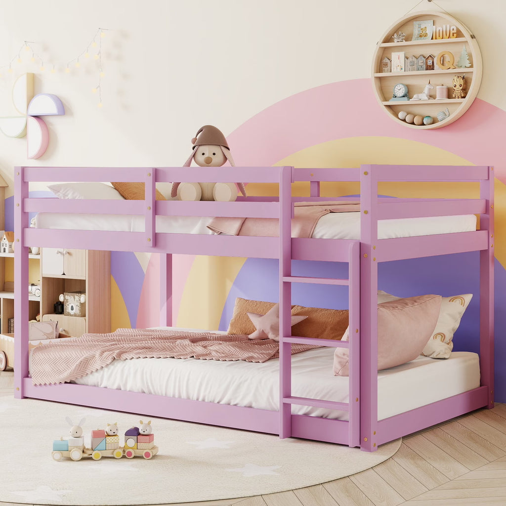 SESSLIFE Bunk Bed Twin Over Twin, Low Floor Bunk Bed with Guard Rails for Dorm, Small Space, No Box Spring Needed(White)