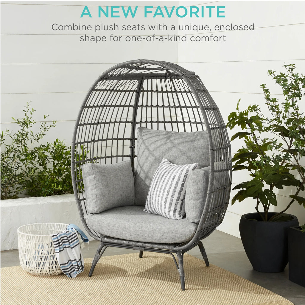Best Choice Products Wicker Egg Chair Oversized Indoor Outdoor Patio Lounger w/ Steel Frame, 440lb Capacity - Black