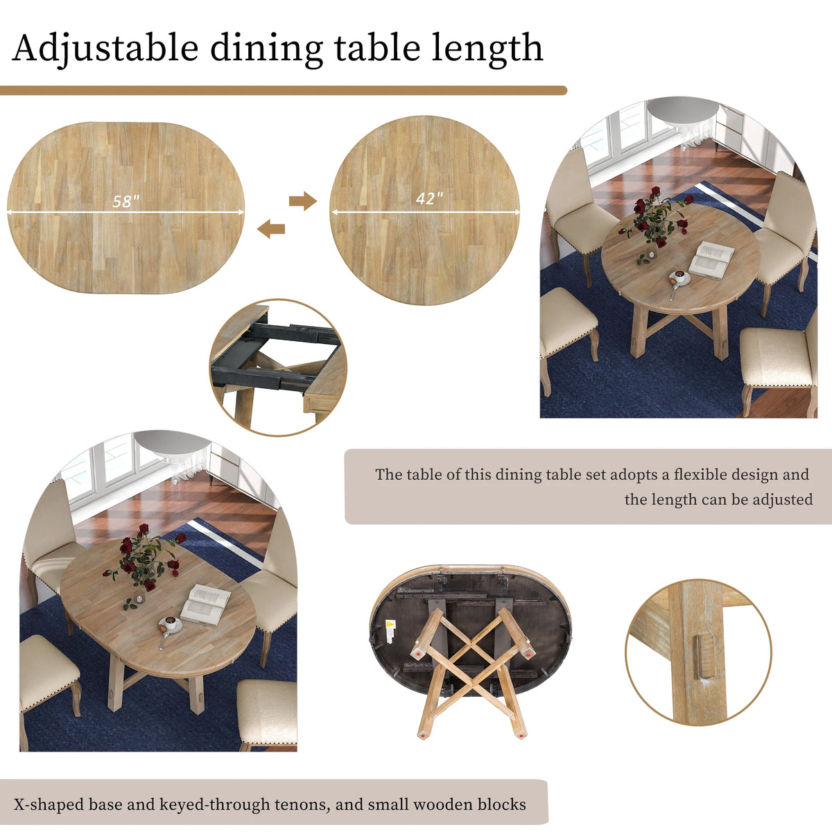 Sumdeal 5-Piece Farmhouse Dining Table Set, Wood Round Extendable Dining Table and 4 Upholstered Dining Chairs (Espresso-1Table 4 Chairs)