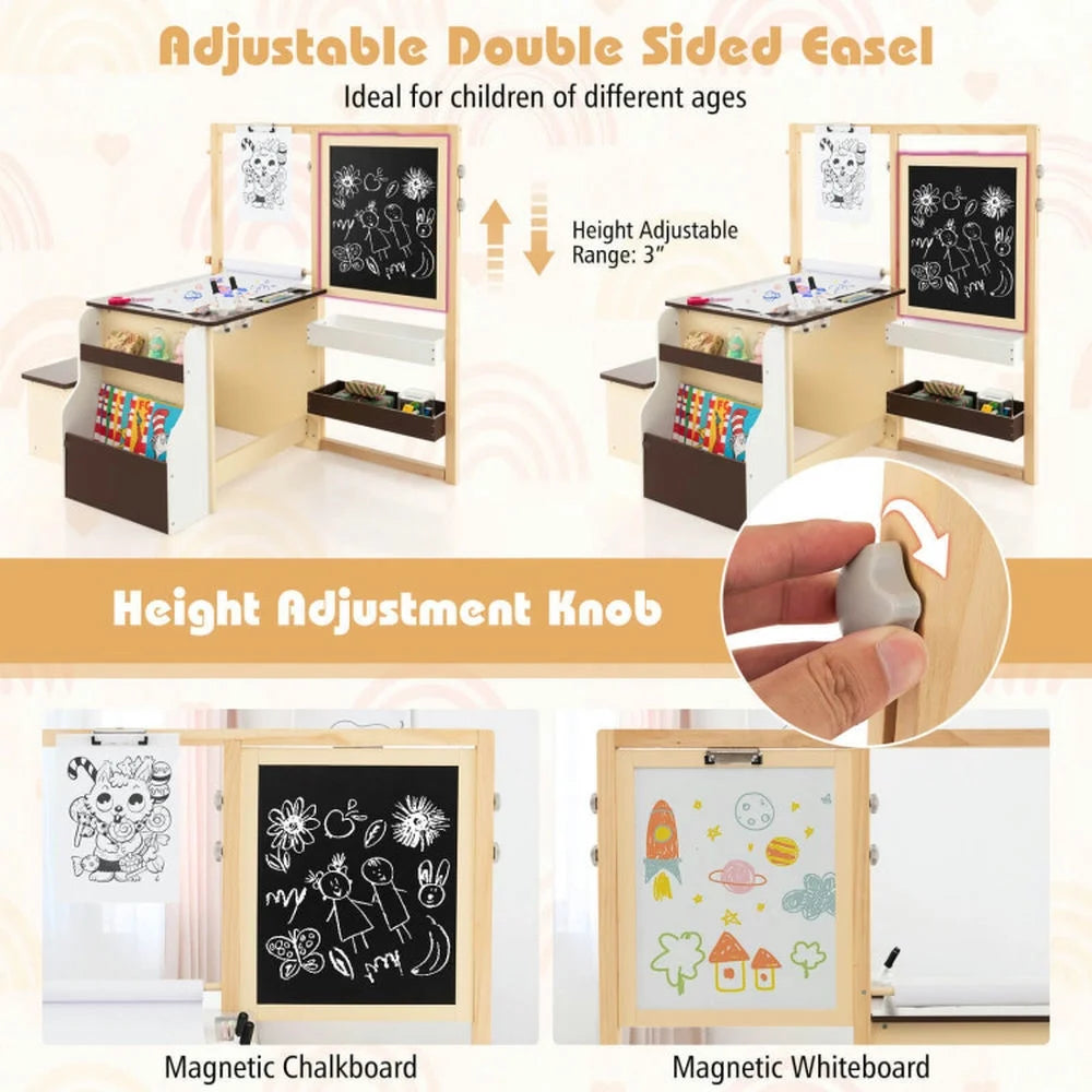 Spaco Kids Art Center Wooden Table Bench Set-Brown, Toddler Table and Chair Set for Arts & Crafts, Snack Time, Homeschooling, Homework