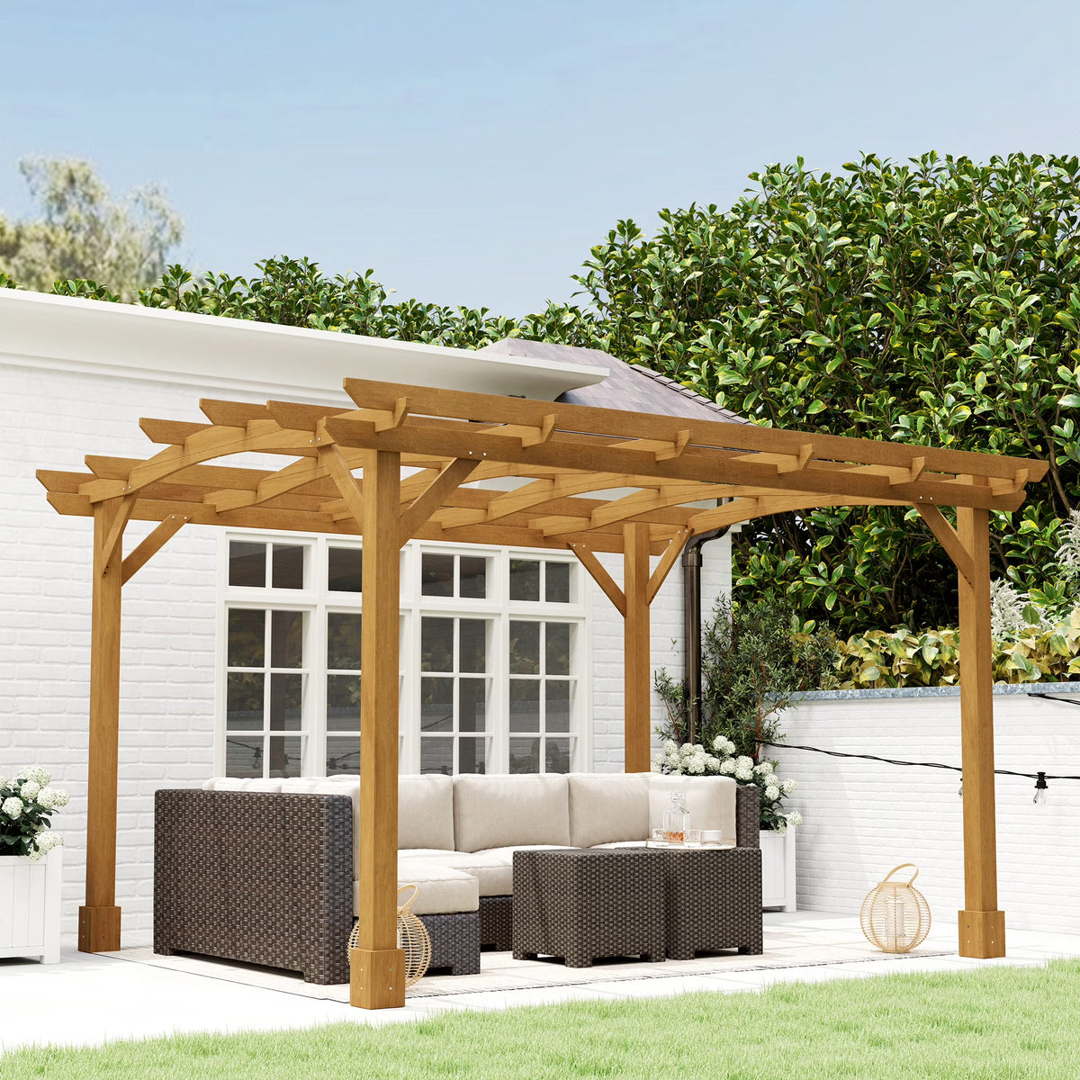 Outsunny 10' x 12' Outdoor Pergola, Wood Gazebo Grape Trellis with Arched Roof, Stable Structure for Climbing Plant Support, Dark Brown