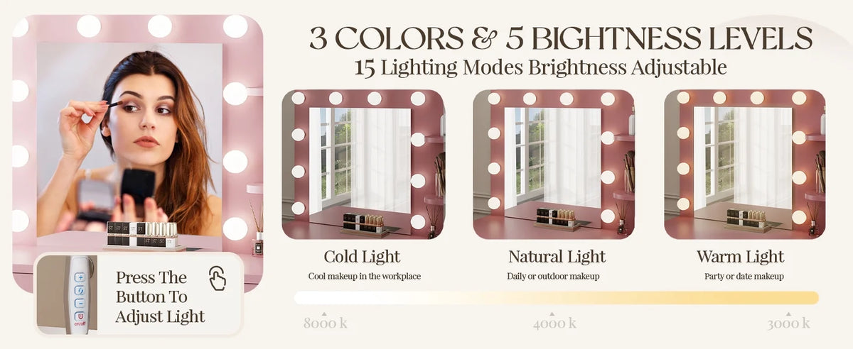 LIVELYGLOW Vanity Desk with Mirror and Lights, Makeup Vanity with Drawer & Storage Shelves, Cabinet, 3 Lighting Modes Adjustable Brightness,White