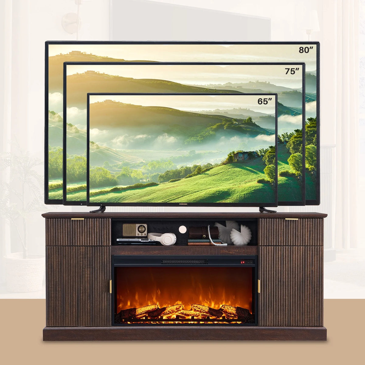 SinCiDo Fluted Fireplace TV Stand for 80 inch, Entertainment Center with 36" Electric Fireplace, 2 Drawers and Adjustable Shelves, Wood TV Stand for Living Room