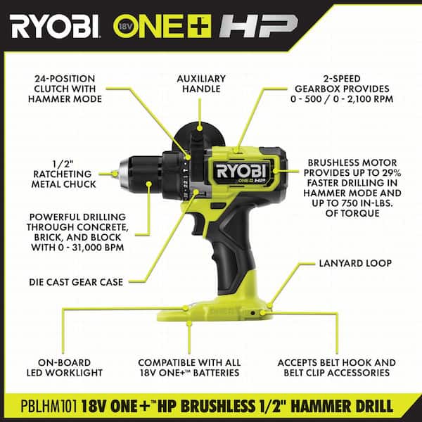 ONE+ HP 18V Brushless Cordless 1/2 in. Hammer Drill Kit with (1) 4.0 Ah High Performance Battery, Charger, and Tool Bag