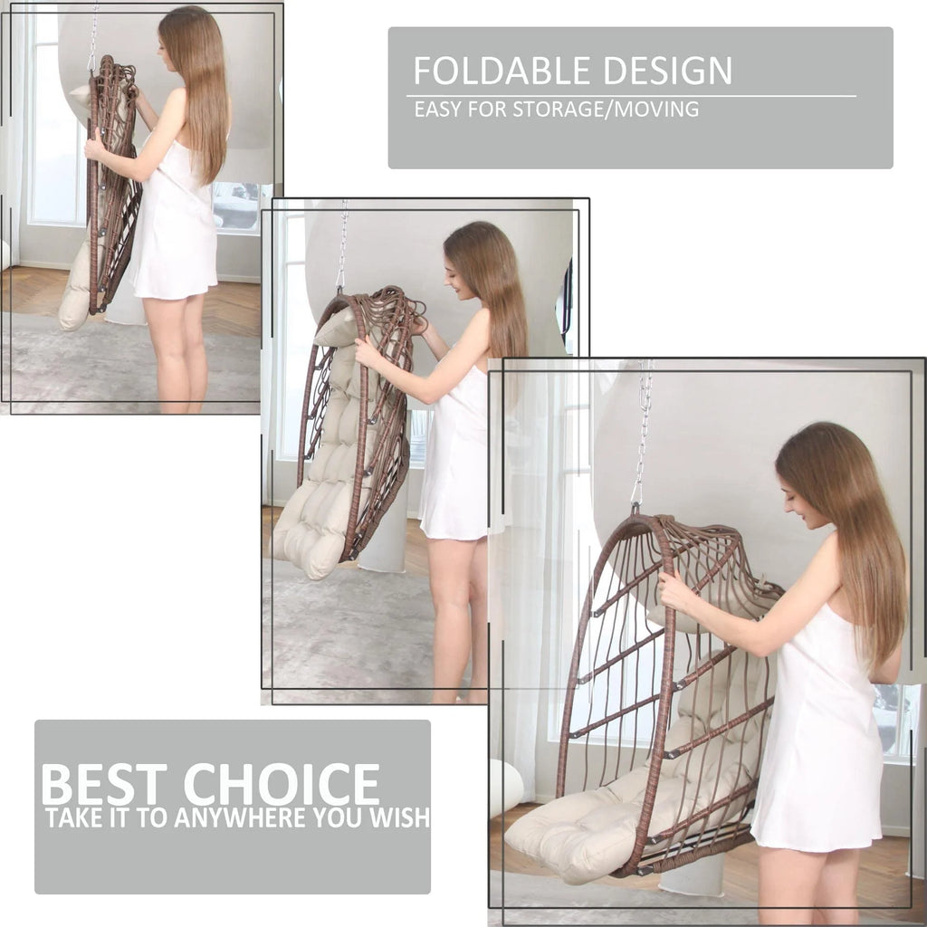 Nicesoul Foldable PE Wicker Brown Hanging Egg Chair With Stand Swing Chair With Cushion and Pillow Capacity 350lbs