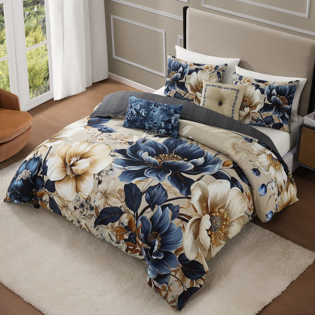 Bebejan English Manor 5 Piece Comforter Set, Queen, Blue, 220 Thread Count, 100% Cotton Sateen, Reversible