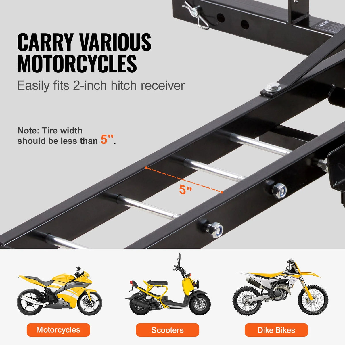 KFFKFF Steel Motorcycle Hitch Carrier, 600 LBS Capacity, Includes Ramp, Ratchet Straps & Stabilizer, Fits 2" Hitch Receivers on Cars & Trucks
