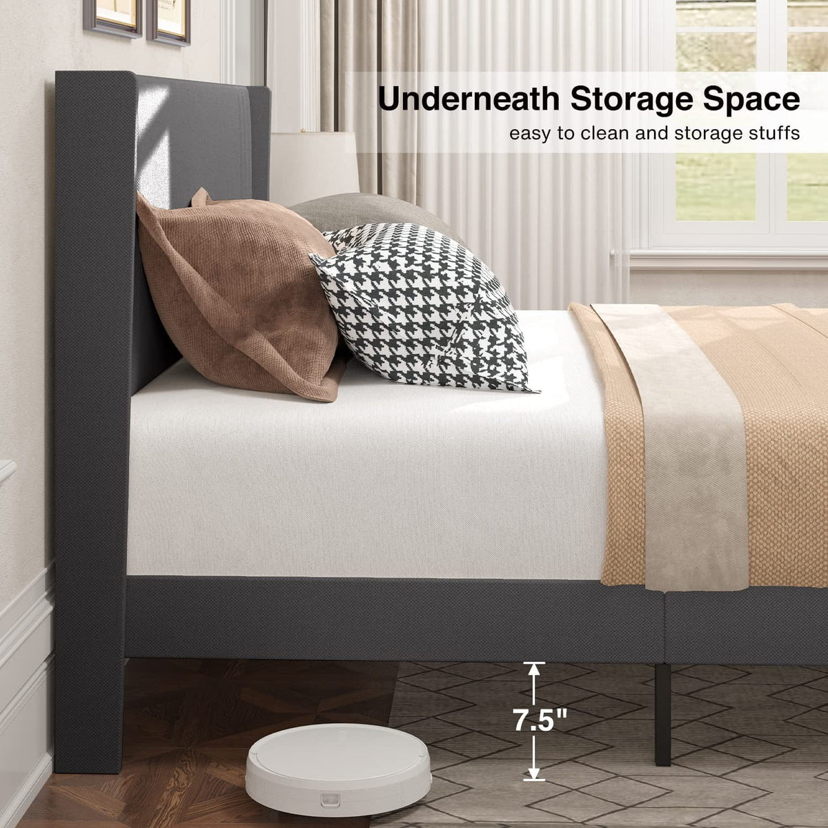 Full Size Bed Frame, Bed Frame with Wingback Headboard Hold 850 lbs, Dark Gray
