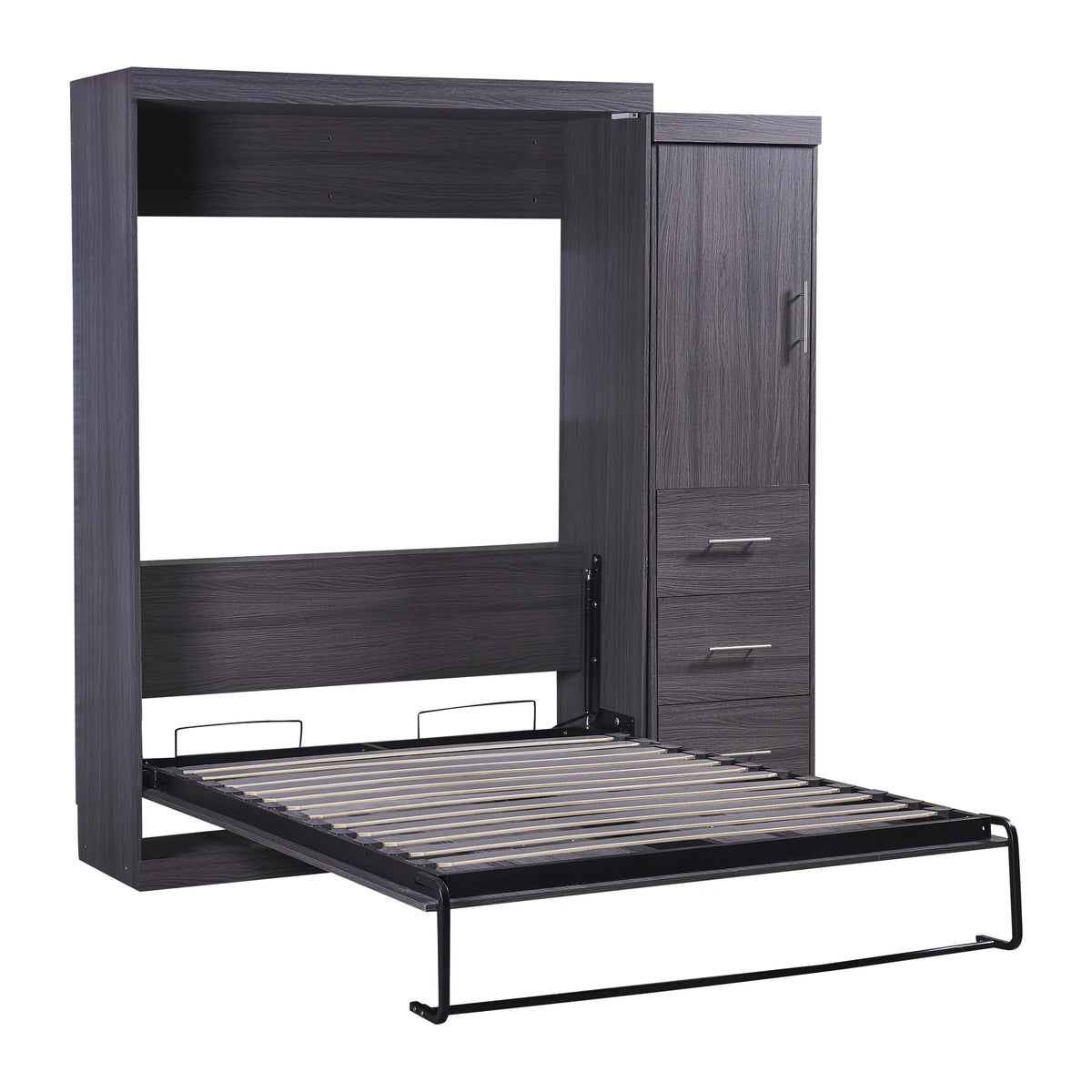 Euroco Wood Full Size Murphy Wall Bed with Wardrobe and Drawers for Living Room, Moveable Wardrobe and Drawers, Space-Saving & Easy Open and Close for Kids Teens Adults, Gray