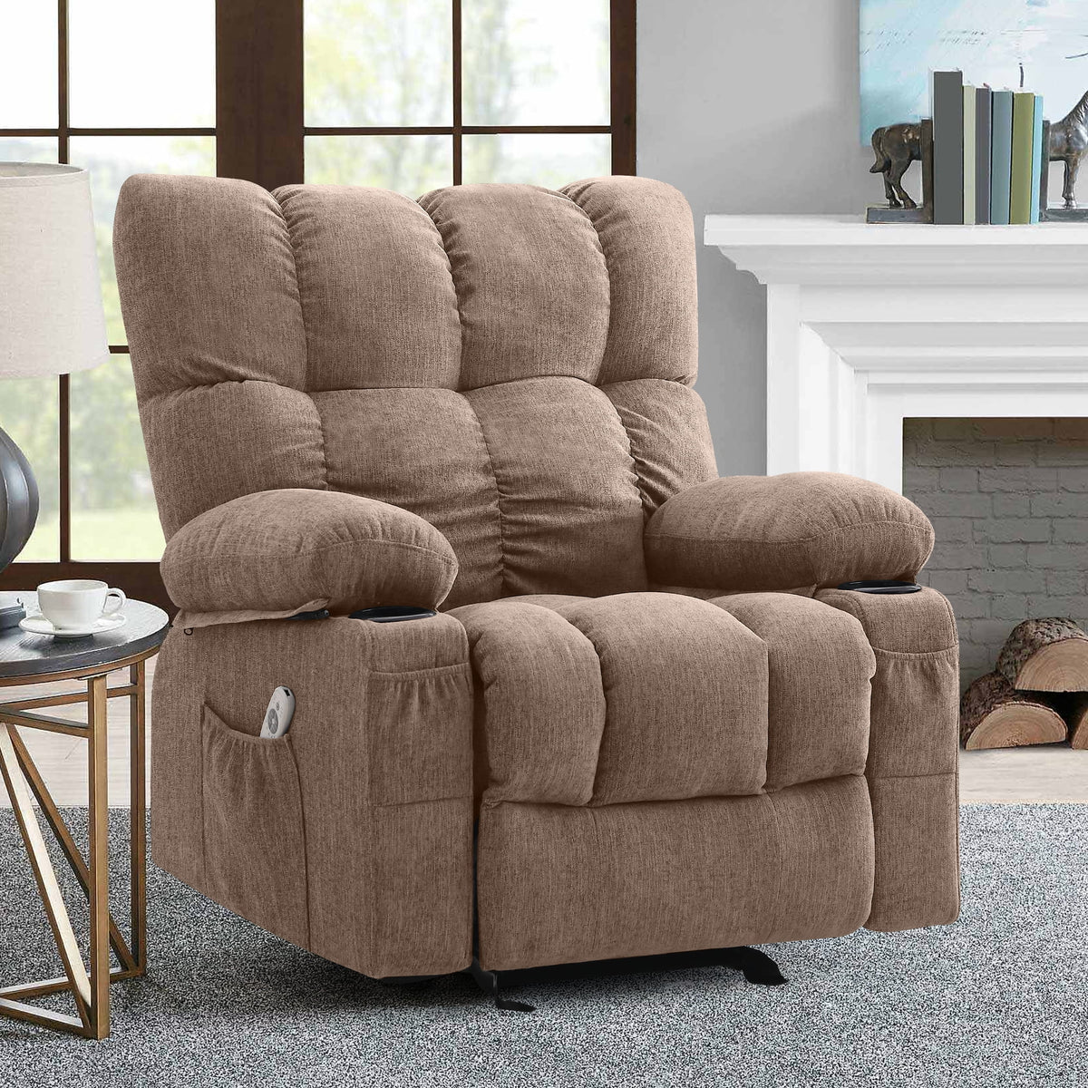 JONPONY Manual Recliner Chair with Heat Therapy and Massage Function, Heavy Duty Reclining Mechanism Massage Chair, Elderly Single Rocker Sofa with Cup Holders for Bedroom Home Theater,Grey