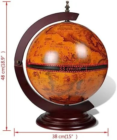 Green & Brown Tabletop Globe Wine Stand - Eucalyptus Wood with Antique Replica Frescoes and 16th  Nautical Maps - Assembly Required