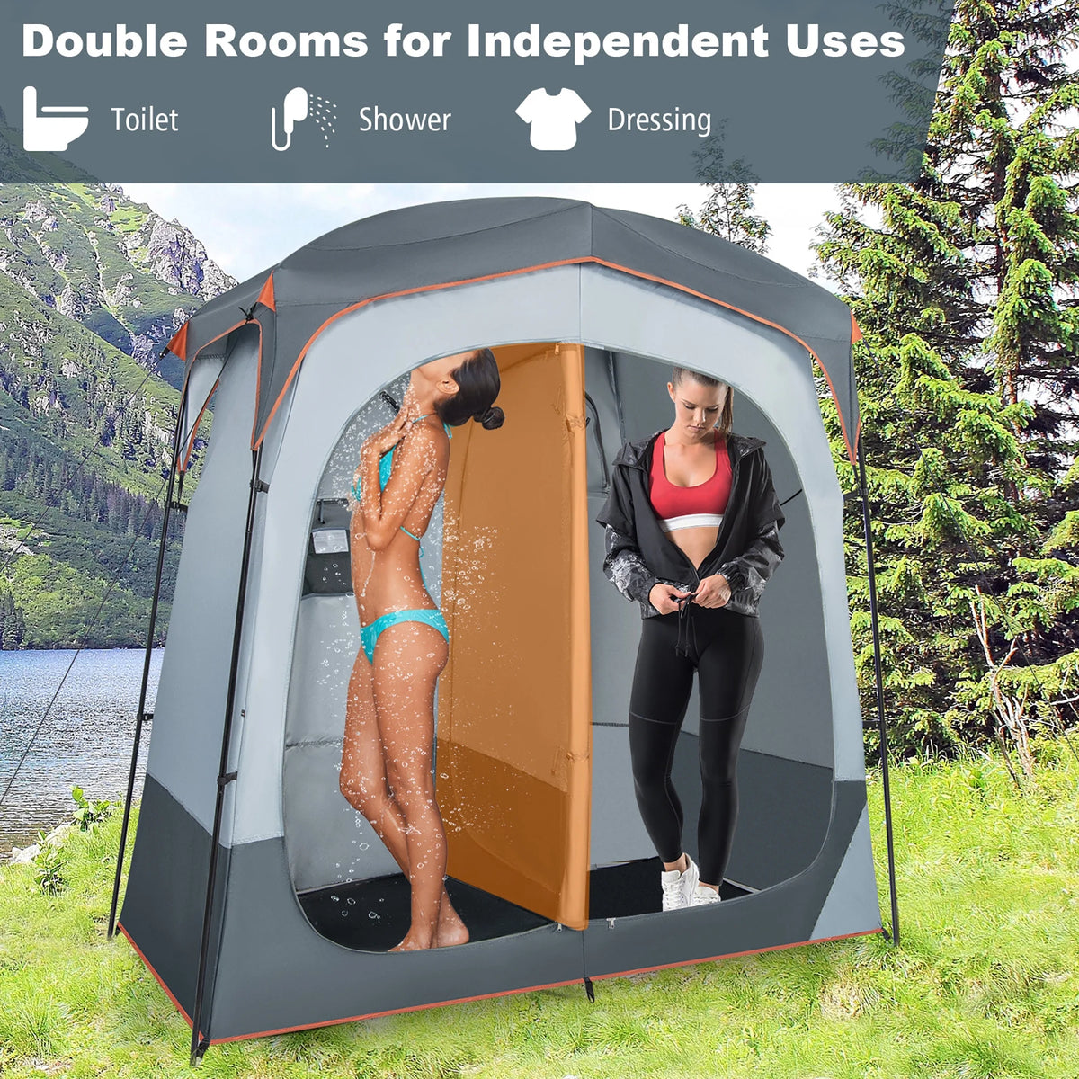 Costway 2 Room Shower Tent Oversize Privacy Shelter Portable Dressing Toilet Outdoor Gray