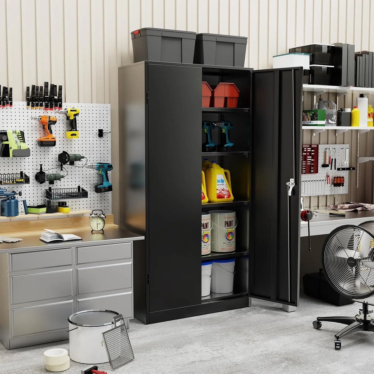 SOLAURA 72 Inches Tall Metal Garage Storage Cabinets, Lockable Storage Cabinet with Doors and Adjustable Shelves for Office, Home, Shops, Garage, Black