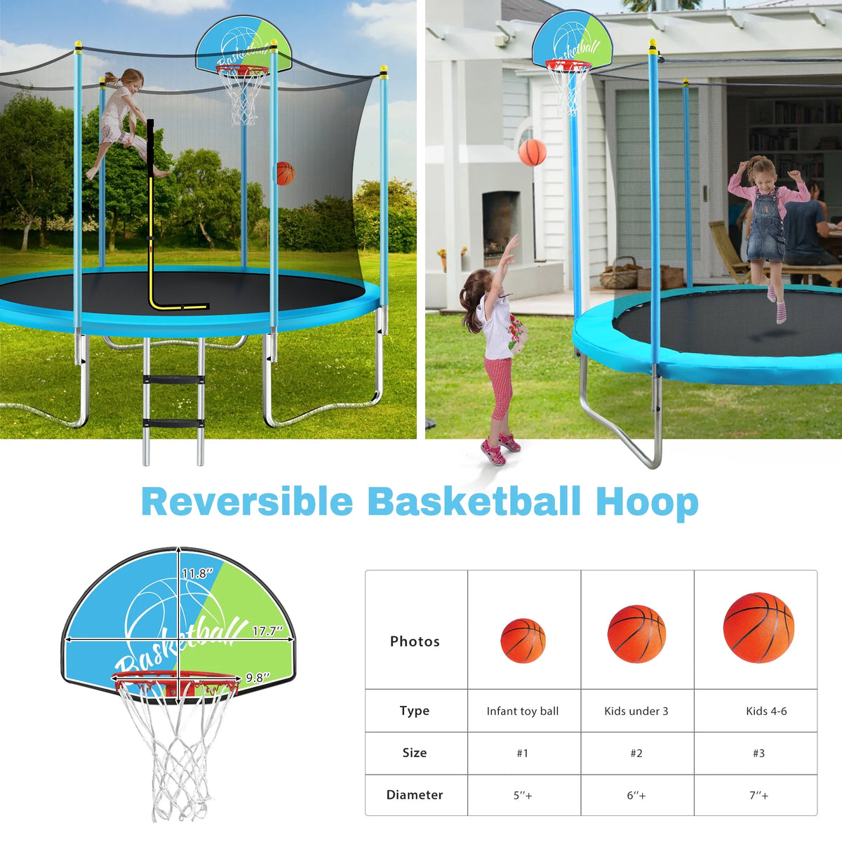 EUROCO  8FT Trampoline for Kids with Safety Enclosure Net, Basketball Hoop and Ladder, Easy Assembly Round Outdoor Recreational Trampoline