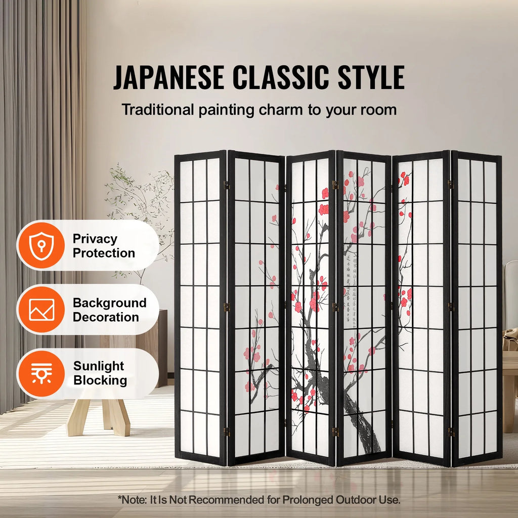 KFFKFF Partition Screen, 6-Section Indoor Privacy Barrier, Foldable Wooden Room Separator, Japanese-Style Portable Decorative Divider, Ideal for Living Space, Workspace, Dining Area