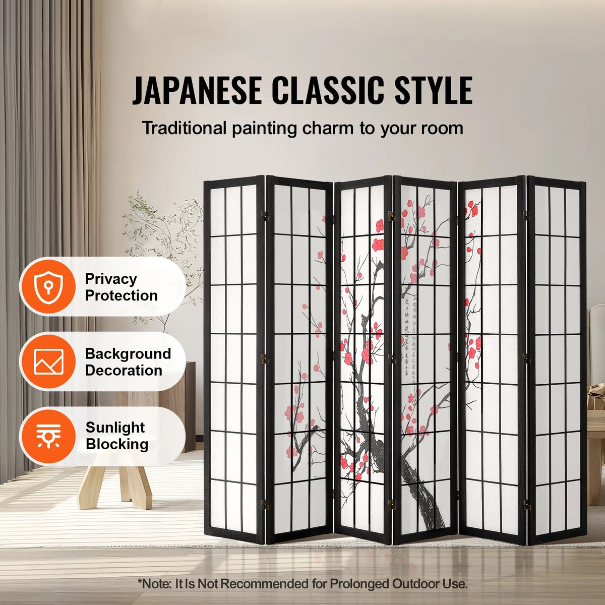 KFFKFF Partition Screen, 6-Section Indoor Privacy Barrier, Foldable Wooden Room Separator, Japanese-Style Portable Decorative Divider, Ideal for Living Space, Workspace, Dining Area