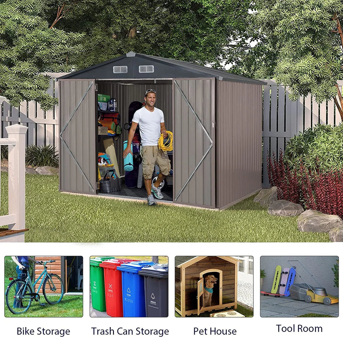 JOIVI 8'x6' Outdoor Storage Shed, Galvanized Metal Tool Storage Shed, Weather Resistant Garden Shed W/Lock for Backyard Patio Lawn, Brown
