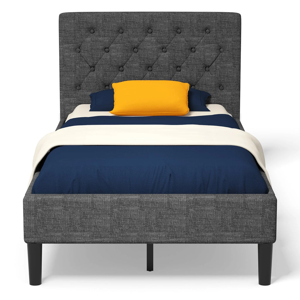 Costway Twin Upholstered Bed Frame Diamond Stitched Headboard Wood Slat Support