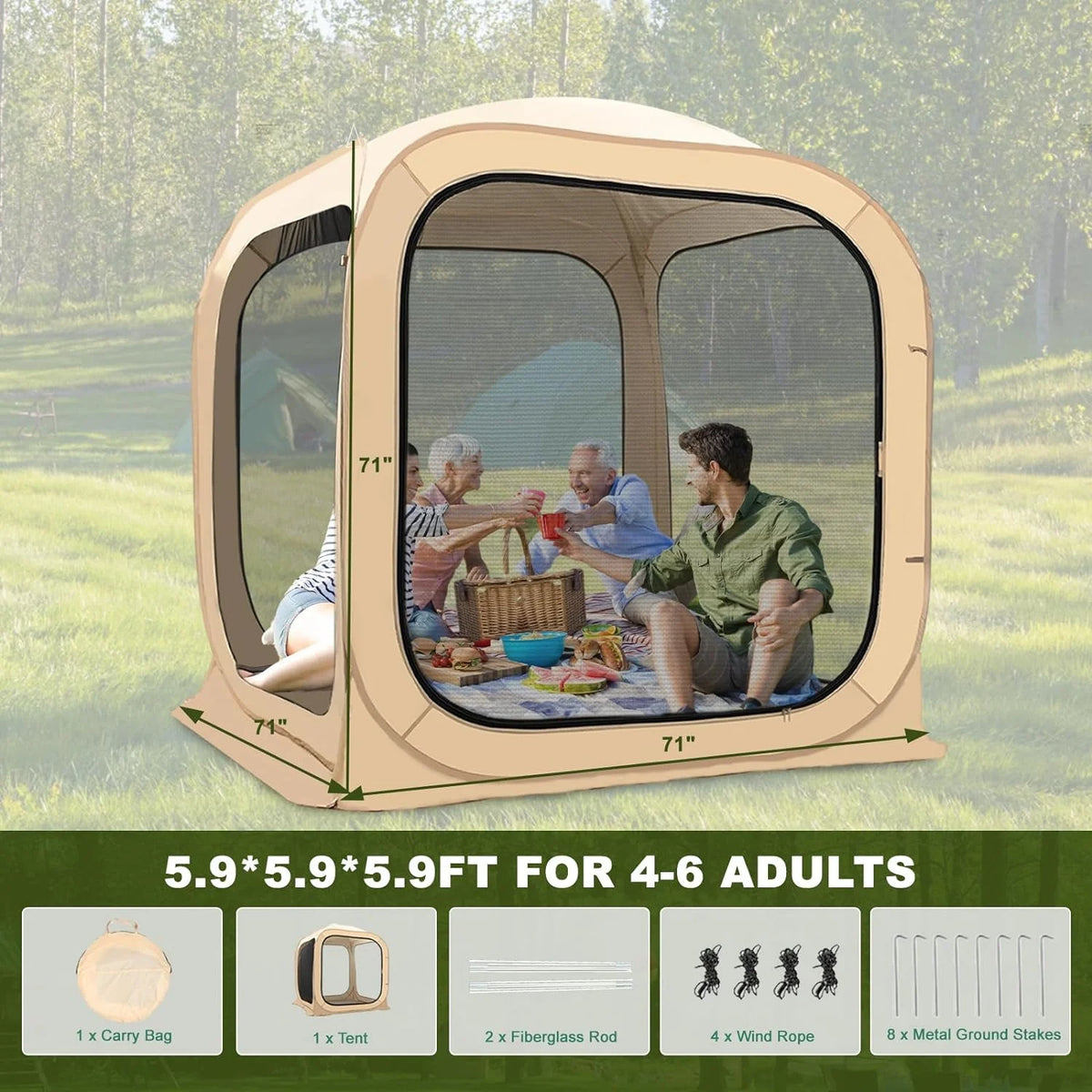 FICISOG Sports Tent Pop up Weather Pod Outdoor Screen House Pod Tent Shelter for up to 6 People, 71in Large Instant Weatherproof Pop up Tent with Clear View for Camping