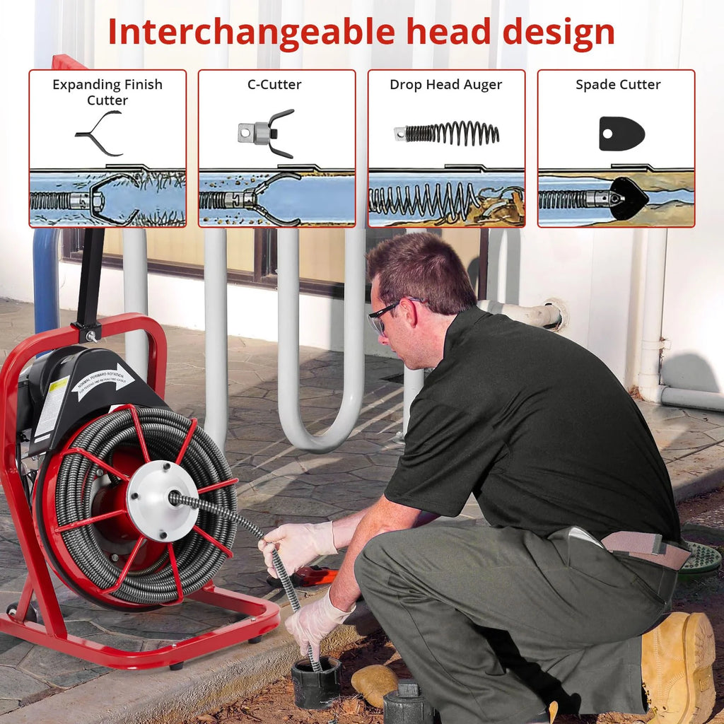 Electric Drain Cleaning Machine , Powerful Electric Auger, Sewer Snake with 4 Cutters, Air-Activated Foot Switch, and Wheels