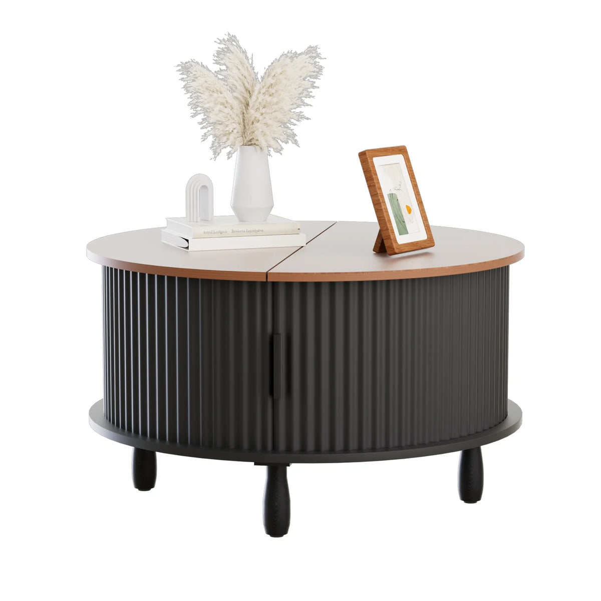 RUMLIVE Round Coffee Table with Storage, 30.7" Modern Coffee Table with 360 Curved Sliding Door, Fluted Wood Coffee Table with Footpads, Round Center Table for Living Room, Black