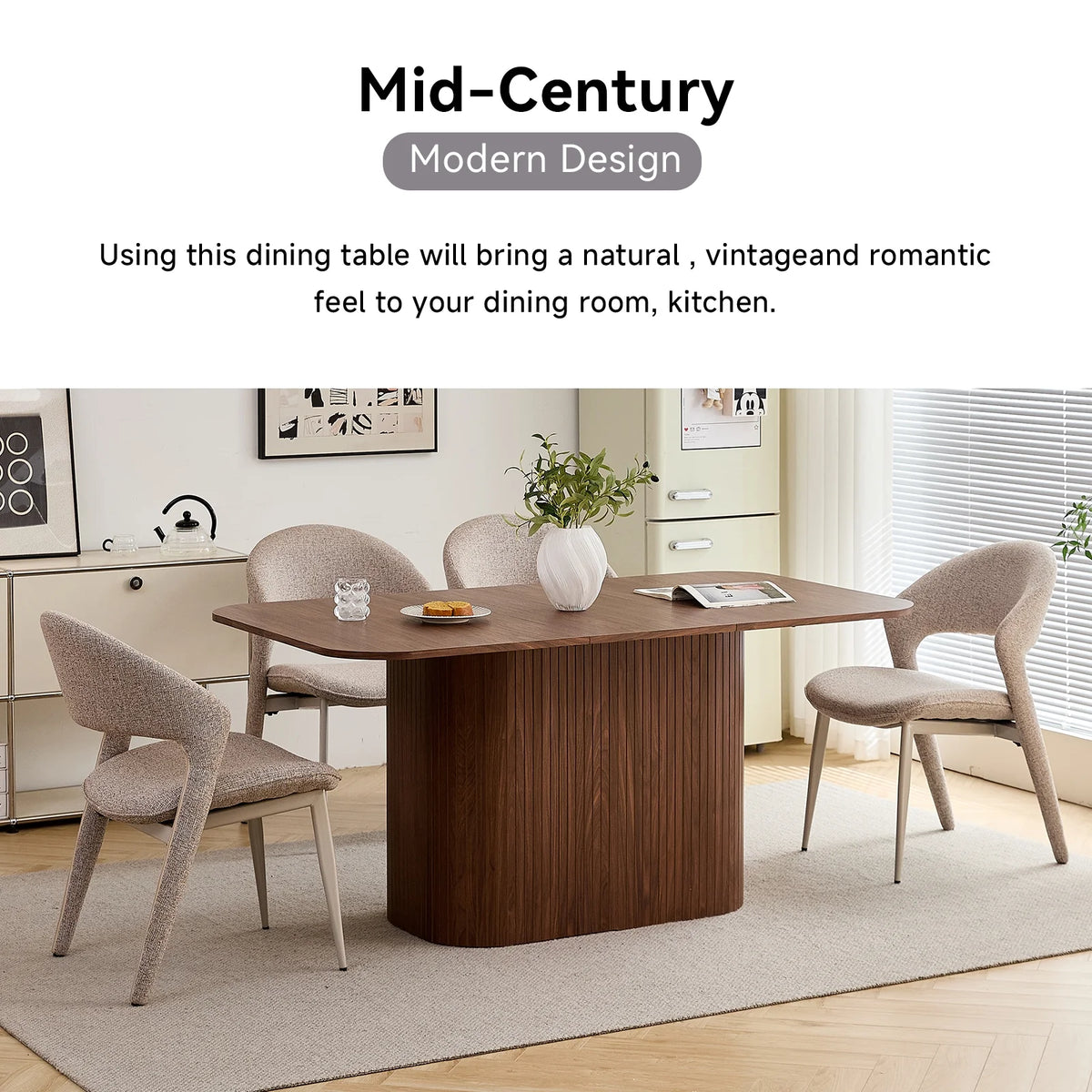 HJhomeheart 63" Rectangle Dining Table for 4 6 Person, Rounded Corners, Wood Strip Pedestal Base, Rustic Farmhouse Modern Breakfast Dinner Kitchen Table