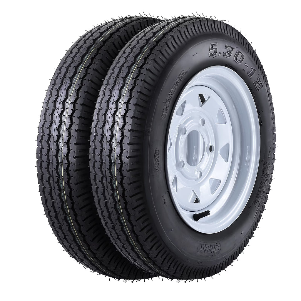 Set of 2 5.30-12 5.30x12 530-12 5.30-12 Trailer Tires with 12" Rims, 5 Lug on 4.5", Load Range C, 6PR