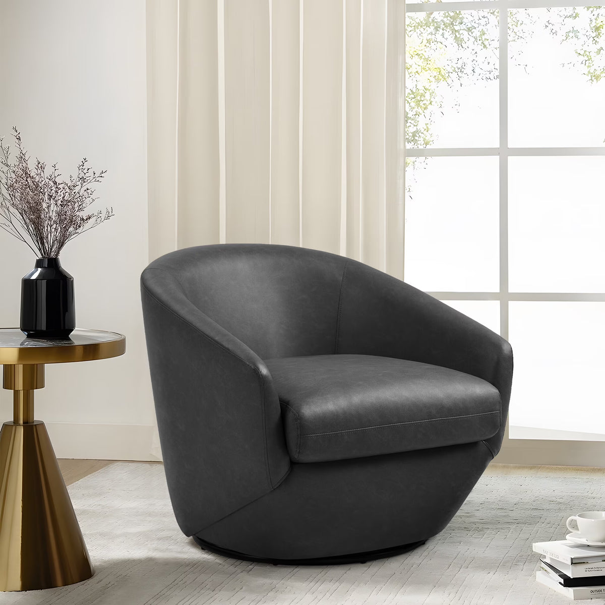 DREAMSIDEA Faux Leather Swivel Accent Chair Sets of 2 360 Swivel Barrel Chair,Swivel Club Sofa for Living Room, Bedroom, Office,Brown