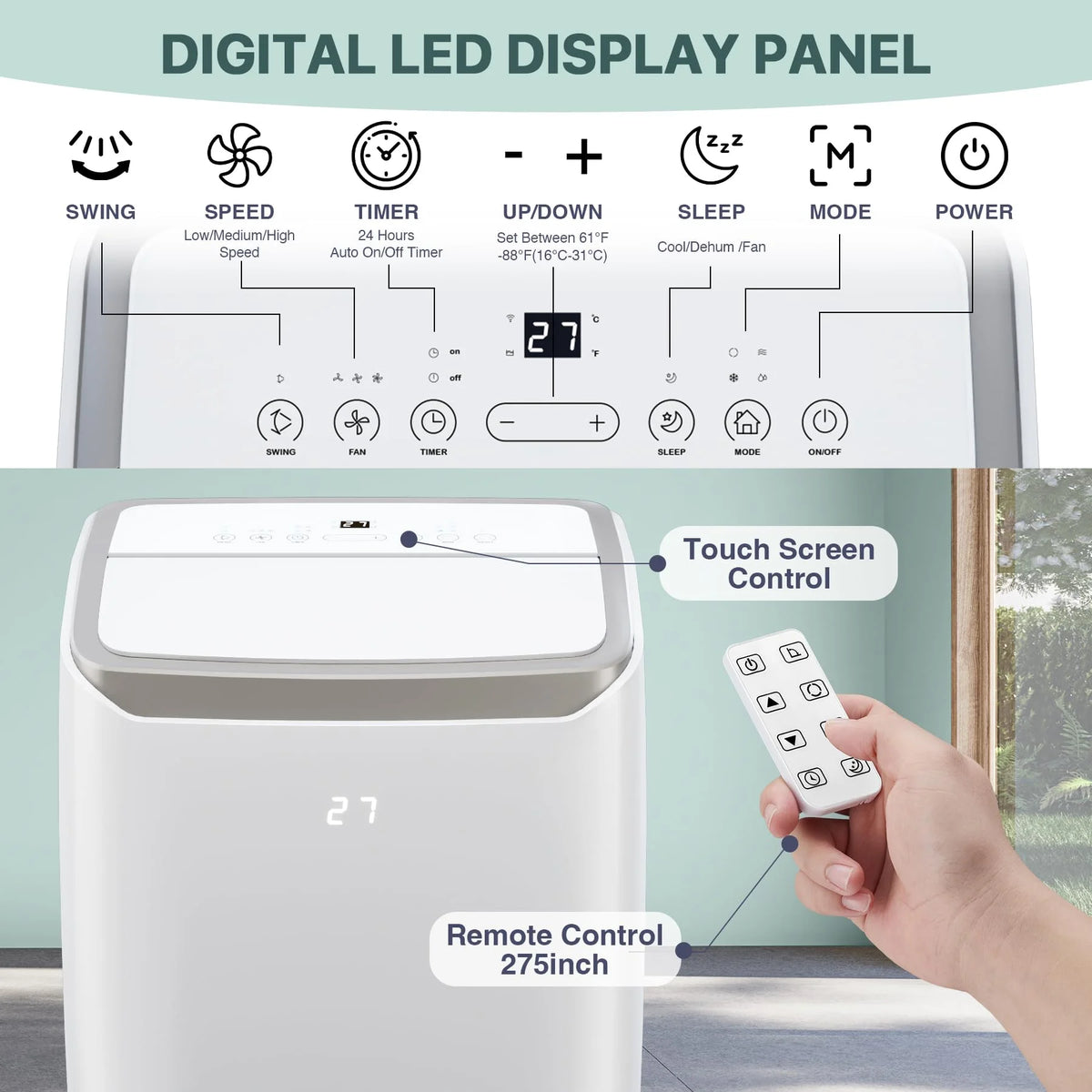 TROPOW Portable Room Air Conditionerss, 12,000 BTU Portable AC Unit with Multi-Speed Fan, Dehumidifier Mode, Easy-to-Clean Washable Filter,White