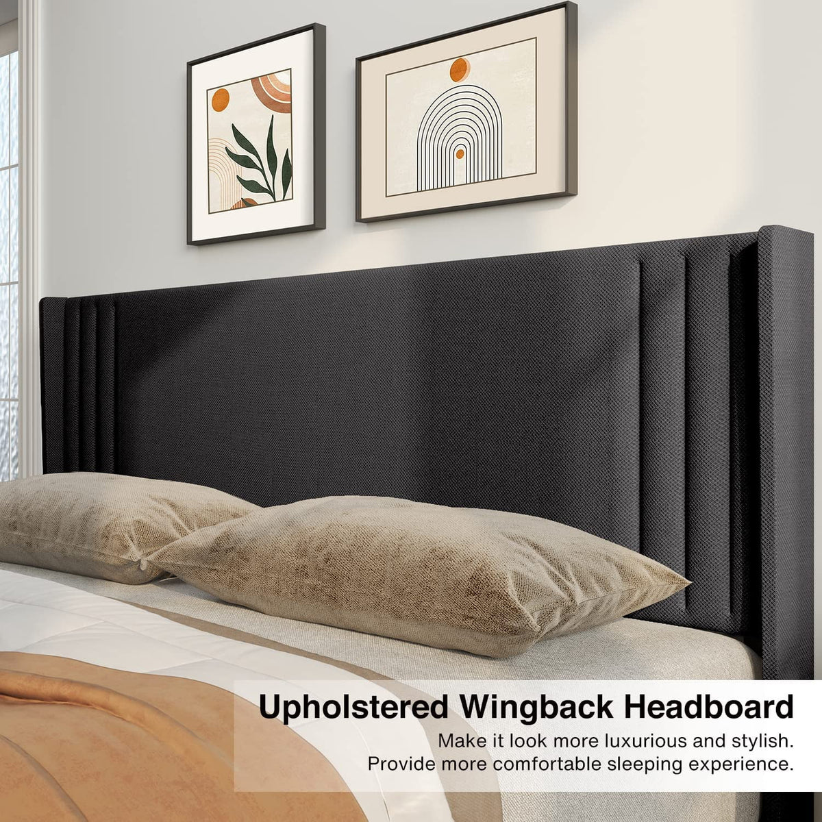 Full Size Bed Frame, Bed Frame with Wingback Headboard Hold 850 lbs, Dark Gray