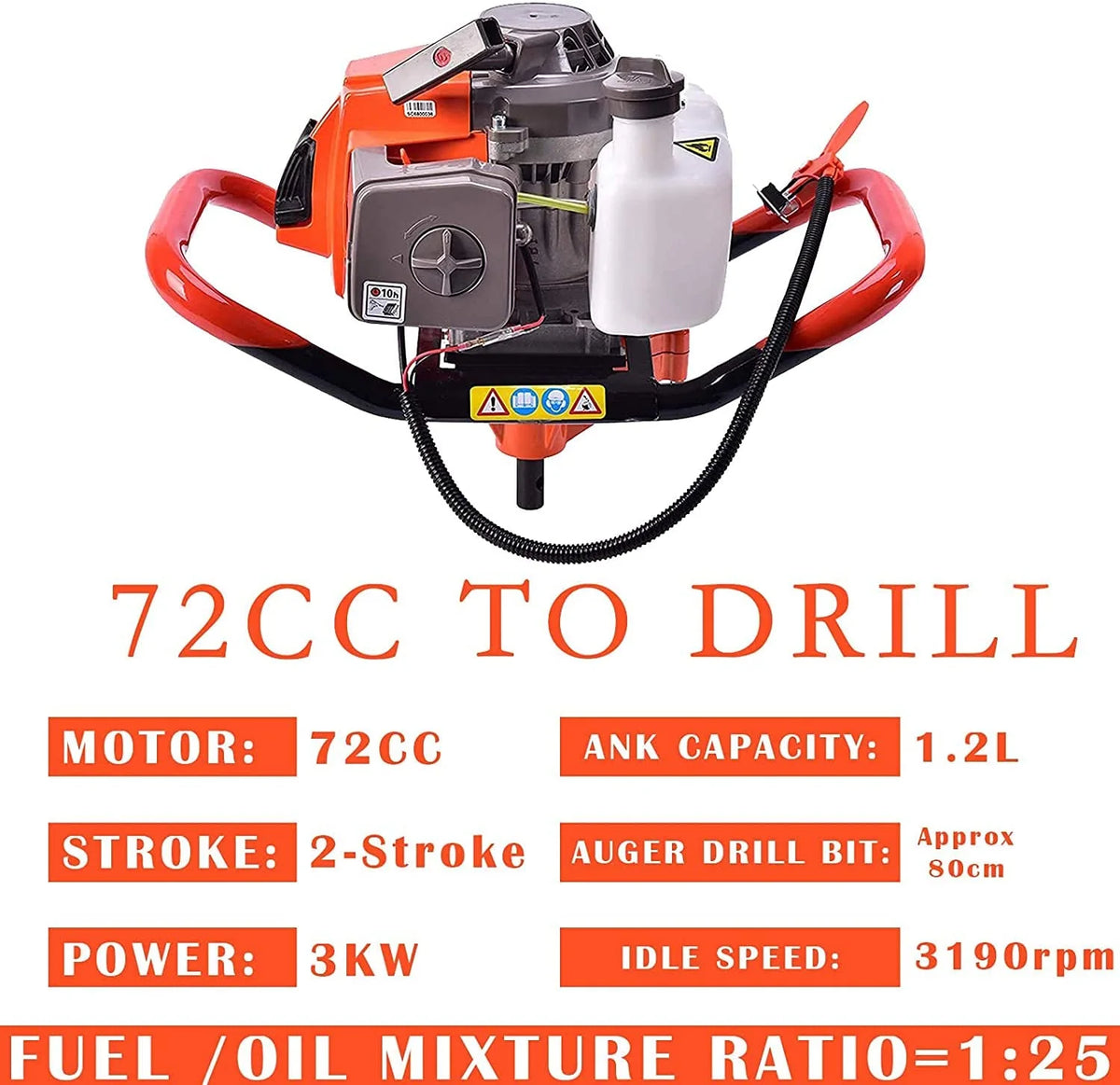 Datingday 72CC 4HP Stroke Gas Post Hole Digger Gas Powered Post Hole Digger Auger Petrol Drill Bit Earth Borer(4" & 6" & 8") Ultra Sharp Blades