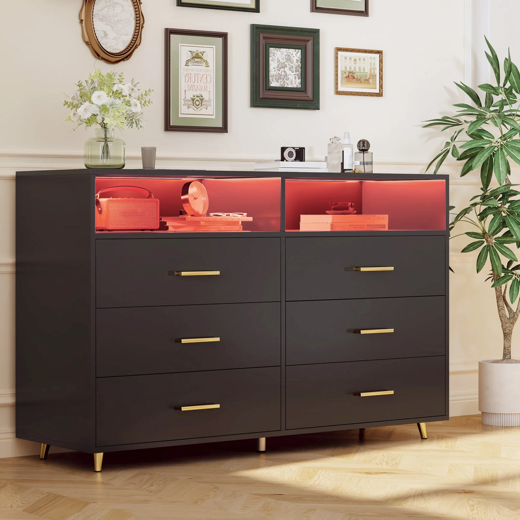 EnHomee Dresser with LED Lights Drawer Dresser with 6 Deep Drawers Wood Dresser for Bedroom TV Stand Dressers & Chests of Drawers Wide Led Dressers,Black