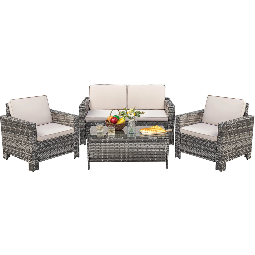 Lacoo 4 Pieces Patio Furniture Sets Rattan Chair Wicker Conversation Sofa Set Outdoor Tble and Chairs for Backyard Porch Garden Poolside Balcony, White