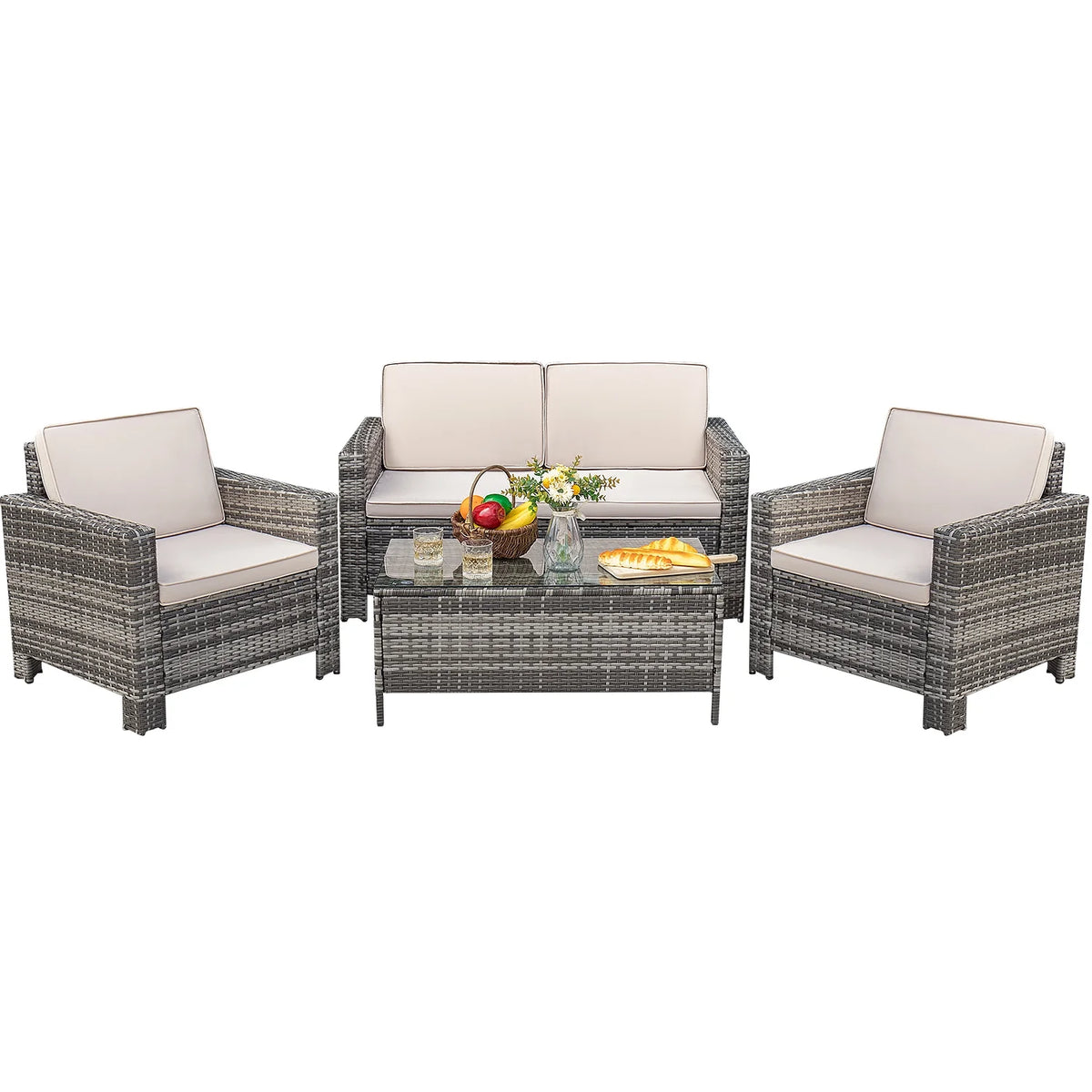 Lacoo 4 Pieces Patio Furniture Sets Rattan Chair Wicker Conversation Sofa Set Outdoor Tble and Chairs for Backyard Porch Garden Poolside Balcony, White