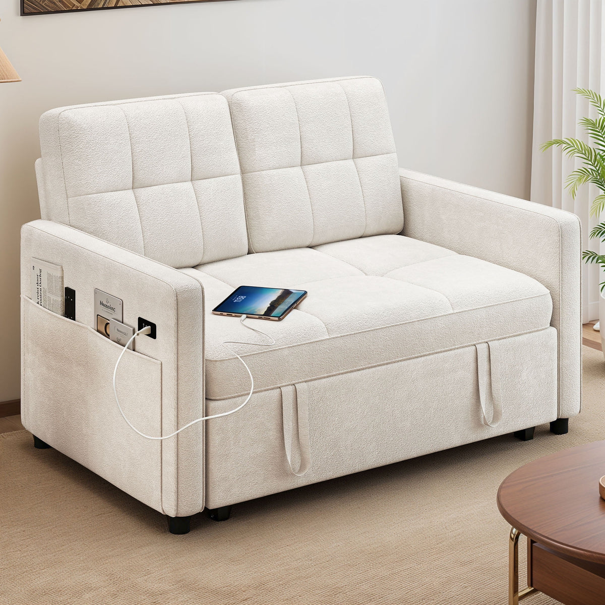Dextrus  3-in-1 Convertible Futon Sofa Bed, Modern Sleeper Sofa with Pull-Out Bed for Small Place, Beige