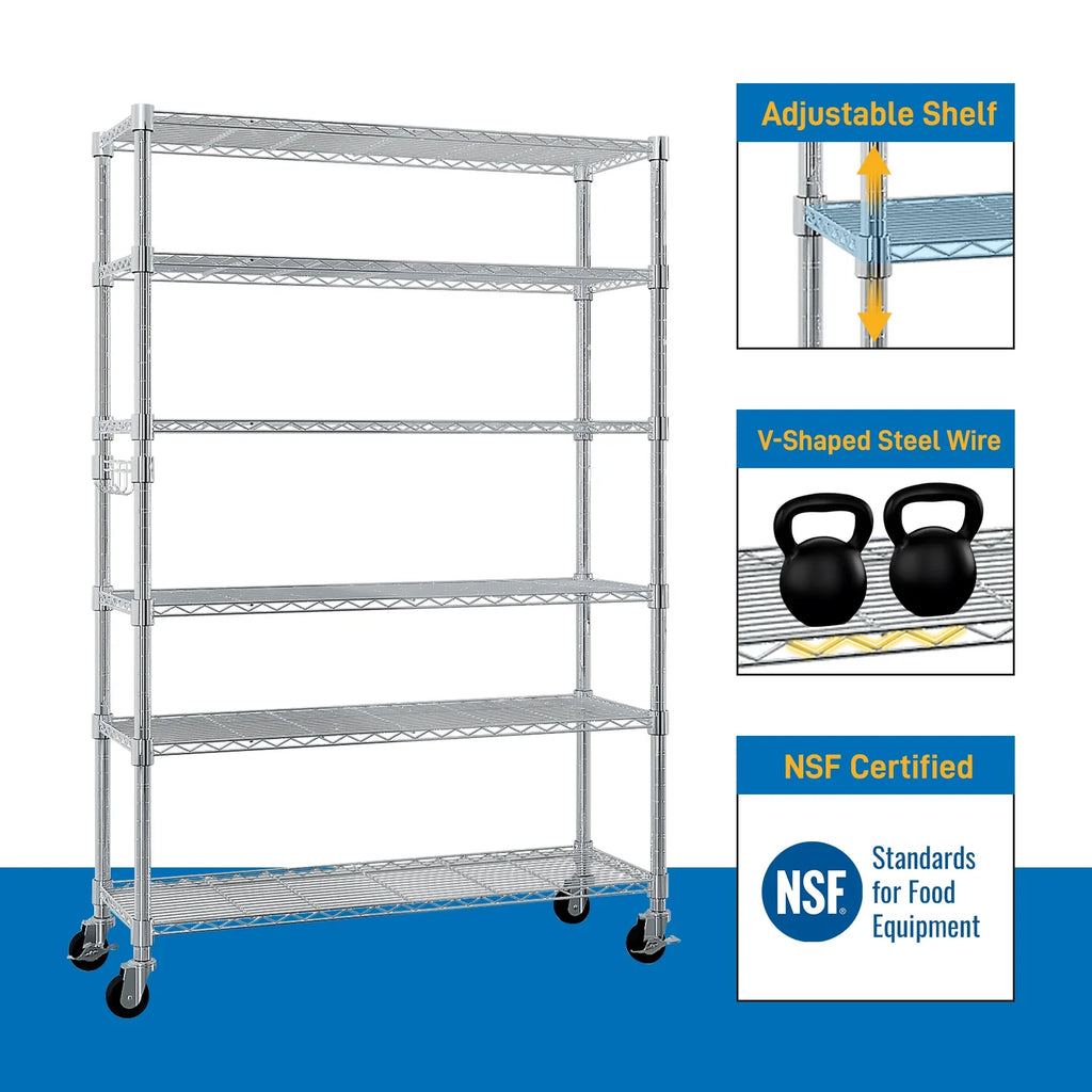 Xilee Wire Shelving Unit with Wheels Steel 6 Tier Heavy Duty Layer Rack Storage Metal Shelf Garage Organizer Wire Rack Shelving Adjustable