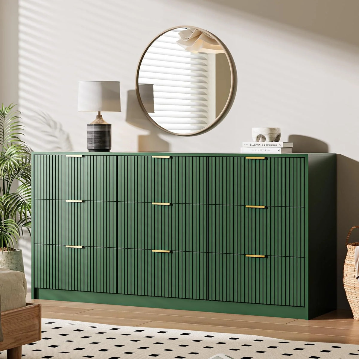 Furniway Fluted Large 9-Drawer Black Dresser