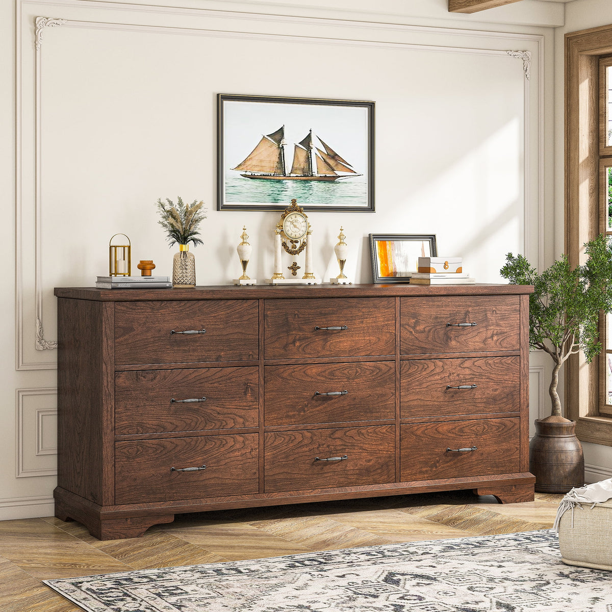 EnHomee Wood Dresser for Bedroom 9 Drawer Dressers&Chest of Drawers 63"L x 15.7"W x 31.5"H,Brown