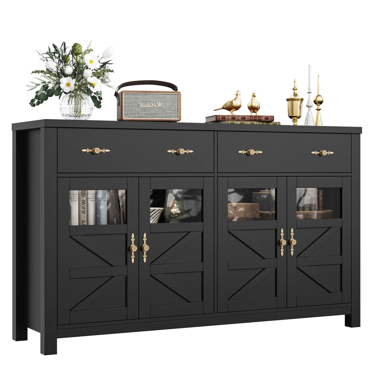 Homfa Farmhouse 55.1"WKitchen Buffet Cabinet with Storage Drawer & Adjustable Shelf, Glass Door Wood Sideboard Credenza Coffee Bar with for Dining Room Living Room, White & Black