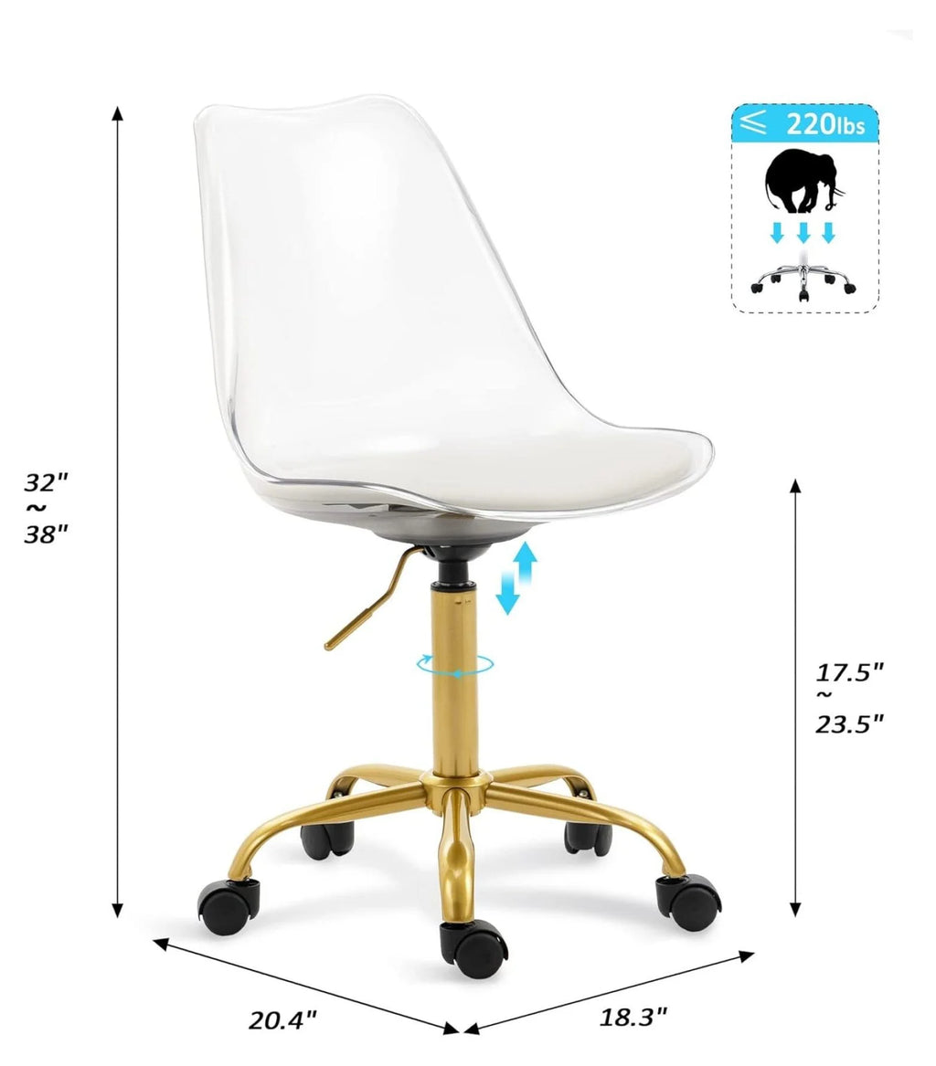 saney Clear Rolling Chair, Armless Desk Chair with Golden Feet Swivel Molded Plastic Shell Adjustable Home Office Chair with Wheels, Clear