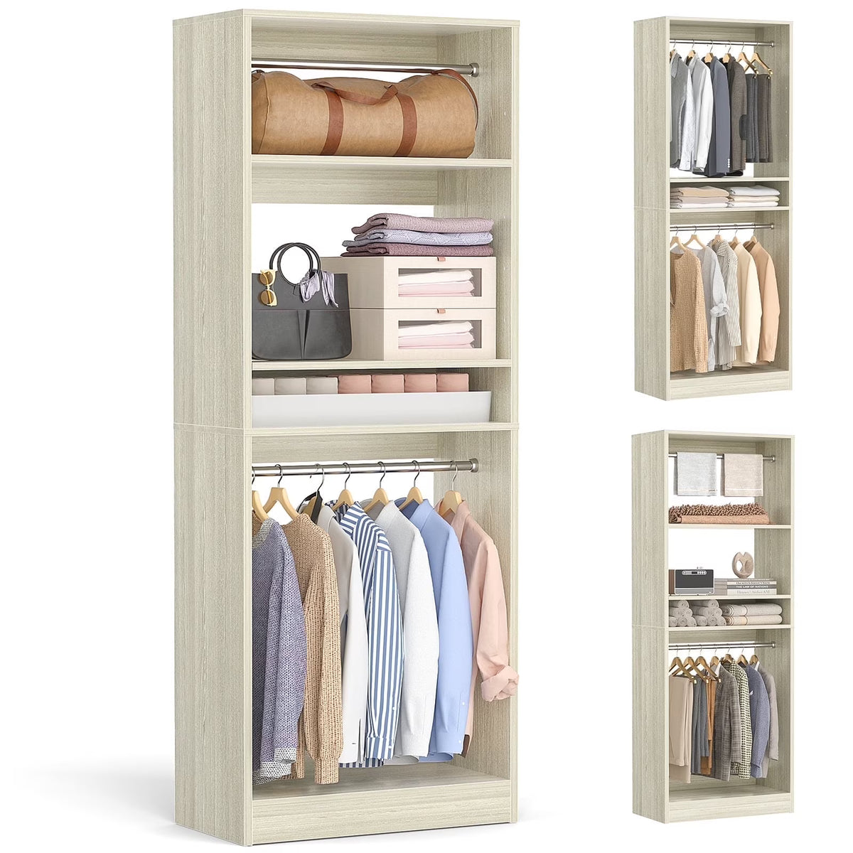 Homieasy 25 Closet System, Freestanding Closet Organizer Wardrobe with Hanging Rods and Shelves, Adjustable Clothes Garment Rack, Sturdy Walk in Closet Tower, White