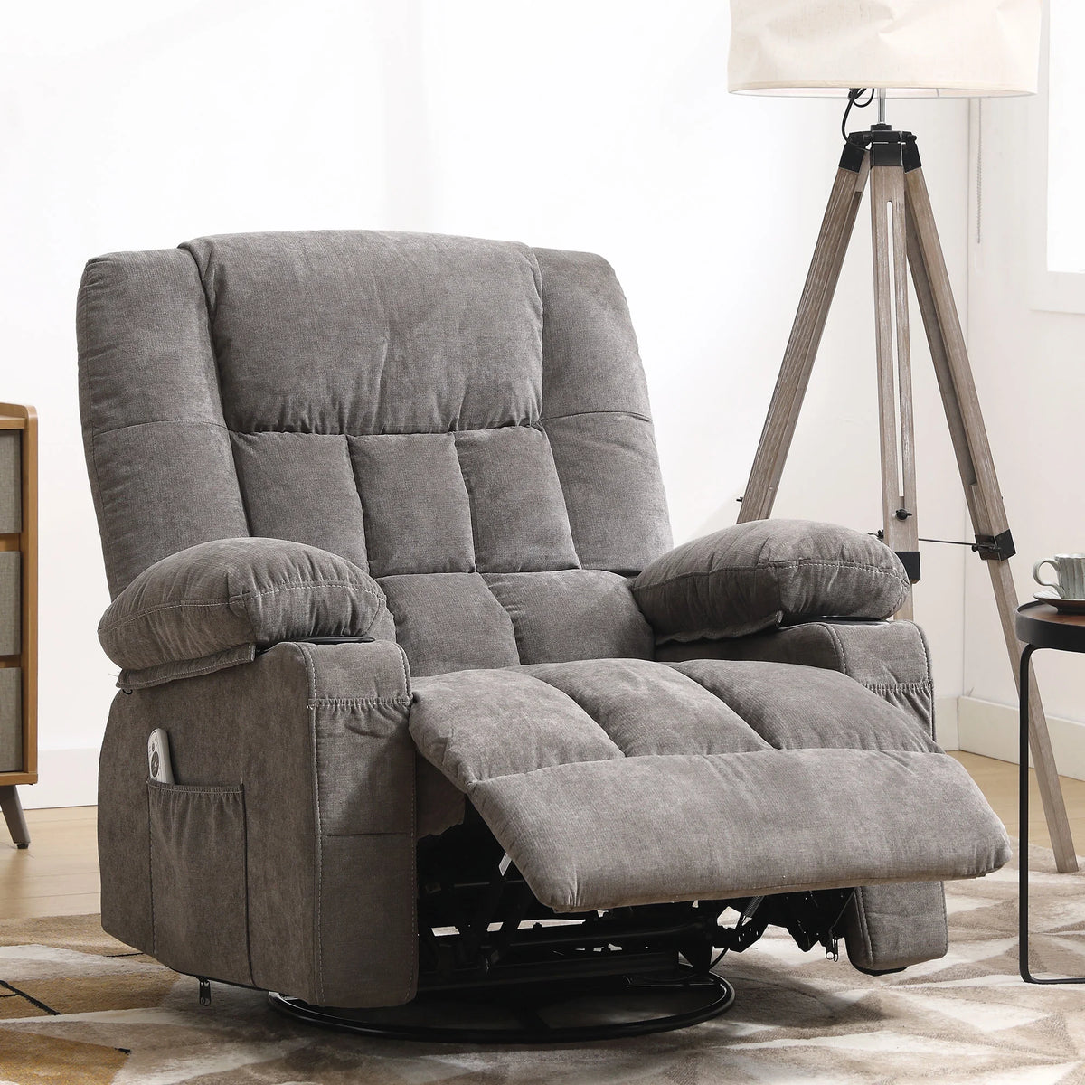 JONPONY Massage Swivel Rocker Recliner Chair with Vibration Massage and Heat Ergonomic Lounge Chair for Living Room with Rocking Function and Side Pocket, 2 Cup Holders, USB Charge Port,Grey