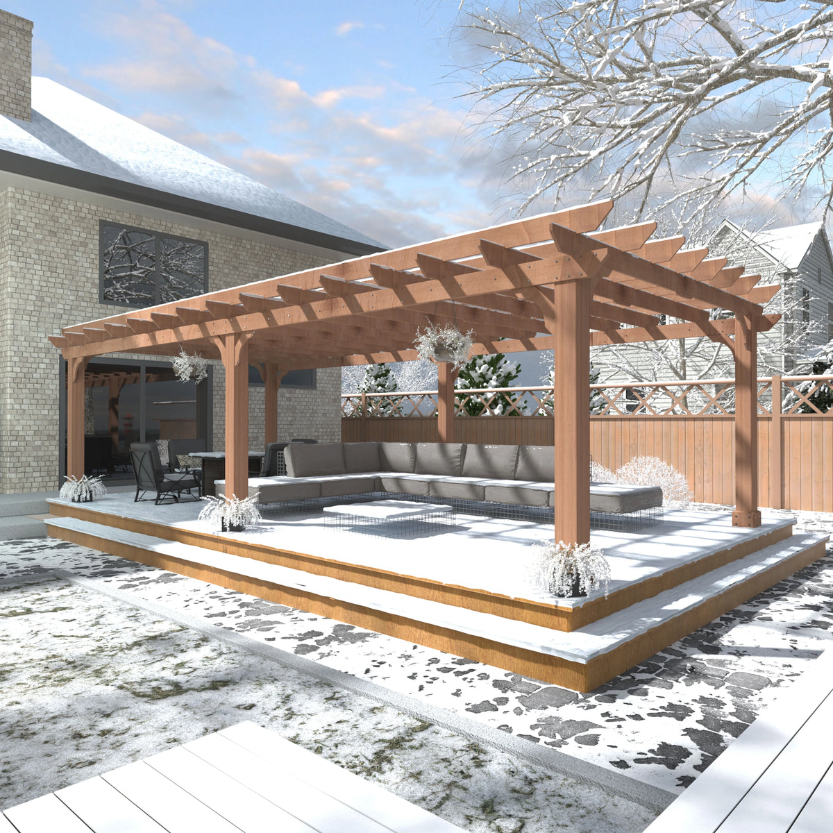 VEIKOUS 12'x10' Cedar Wood Pergola w/ Flat Roof and Ground Stakes for Outdoor Patio, Garden, Deck