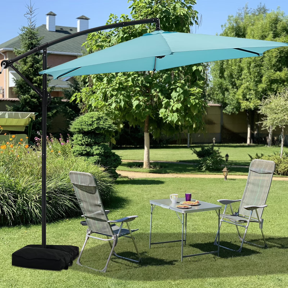 Autlaycil 10 ft Cantilever Offset Outdoor Patio Umbrella with Base Stand Rotate and Tilt, Blue